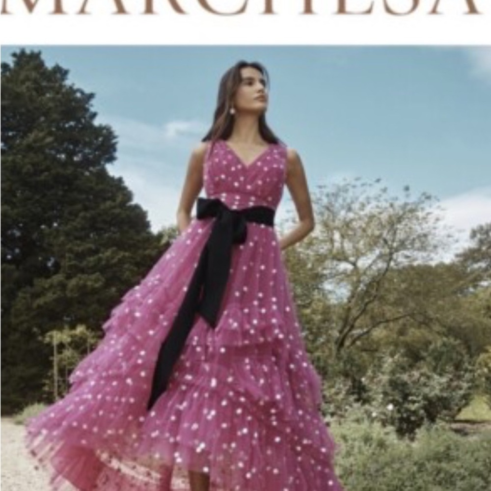 Marchesa Pink and Black Embellished Tiered Sundress